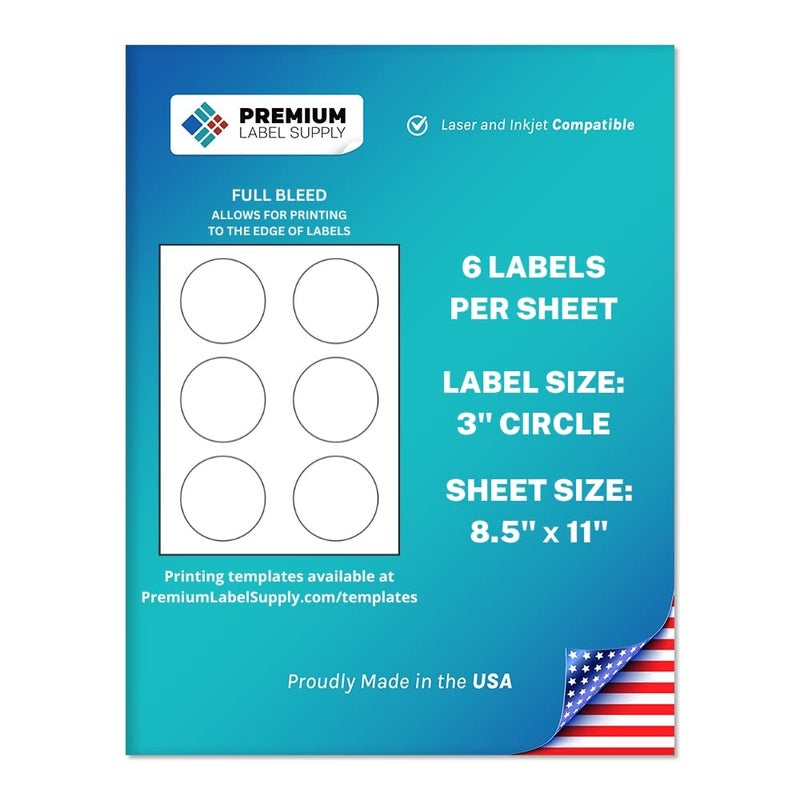 Premium Label Supply White Sticker Round Labels with Bleed - 3 "" Circle - Laser/Inkjet Compatible - (6 per Sheet), 100 Sheets - 600 Total Adhesive Labels - Image 1